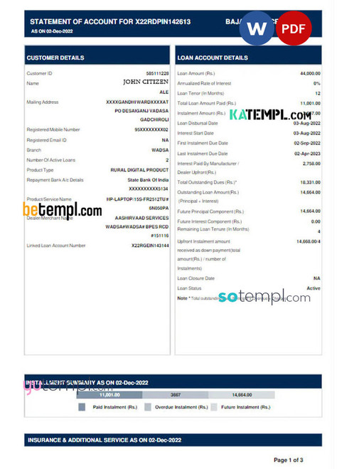 INDIA BAJAJ FINANCE LIMITED bank statement Word and PDF template