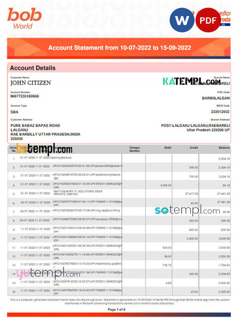 INDIA BOB BANK OF BORODA statement Word and PDF template