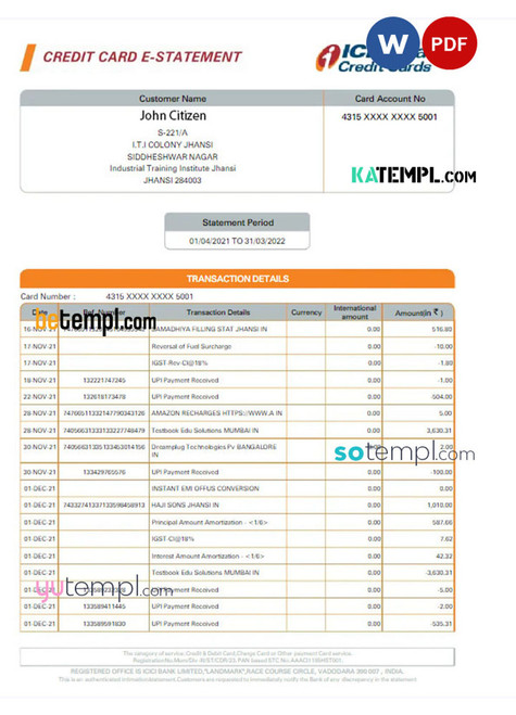 INDIA ICICI credit card statement Word and PDF template, version 2