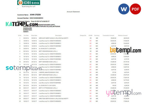 INDIA IDBI bank statement Word and PDF template