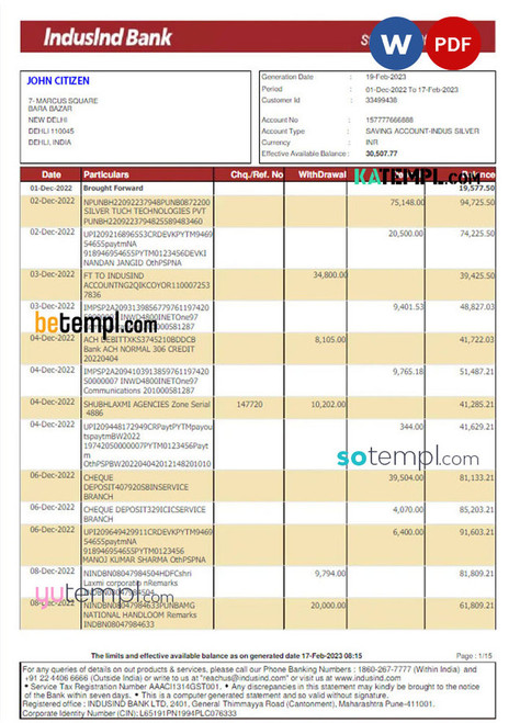 INDIA INDUSLND bank statement Word and PDF template