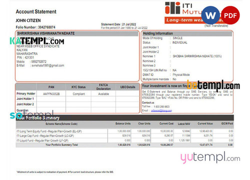INDIA ITI mutual fund statement Word and PDF template