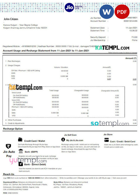 INDIA JIO DIGITAL LIFE bank statement Word and PDF template, version 2