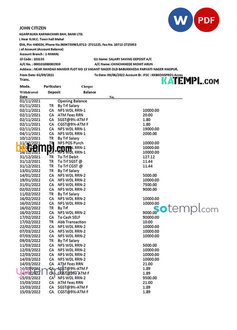 INDIA KARAMCHARI BAH bank statement Word and PDF template