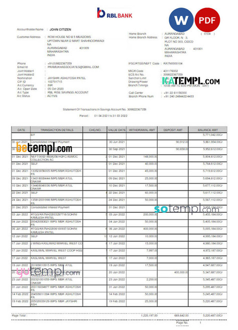 INDIA RBL bank statement Word and PDF template