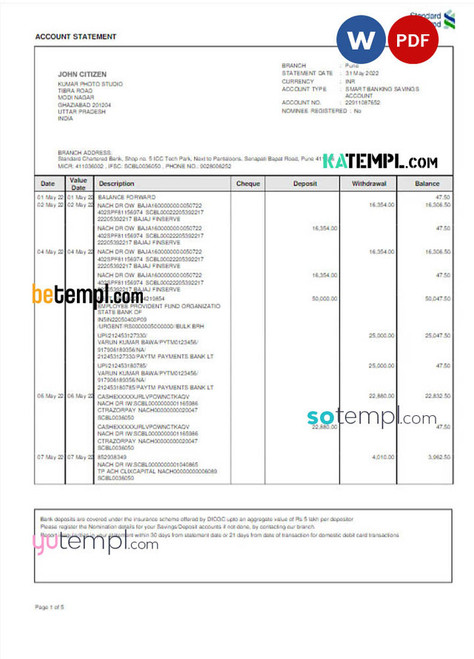 INDIA STANDARD CHARTERED bank statement Word and PDF template, version 2