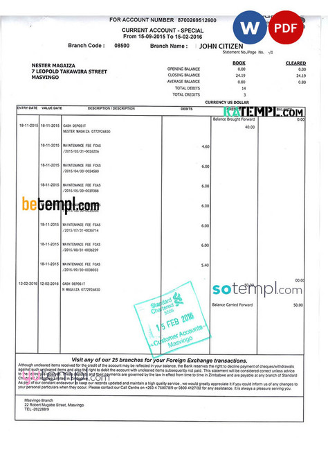 INDIA STANDARD CHARTERED bank statement Word and PDF template
