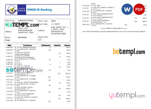 India RMGB bank statement Word and PDF template, 2 pages