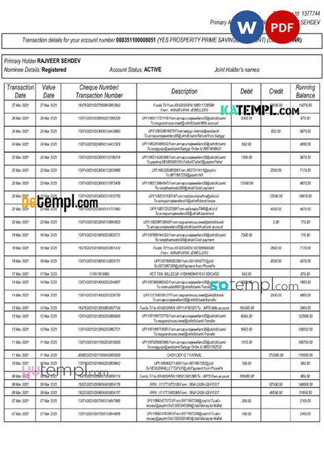 India Yes Bank statement Word and PDF template, 2 pages