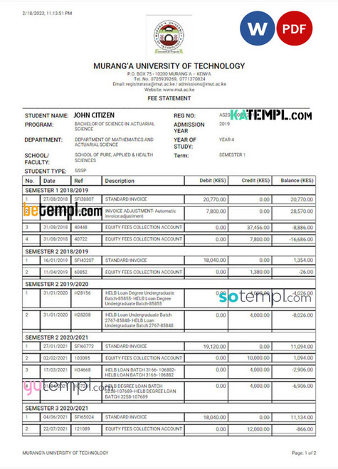 KENYA MURANGA UNIVERSITY OF TECHNOLOGY fee statement Word and PDF template