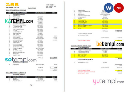 New Zealand ASB bank statement Word and PDF template, 2 pages