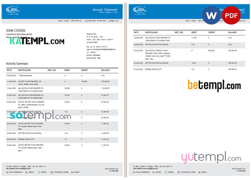 Pakistan UBL bank statement Word and PDF template, 2 pages