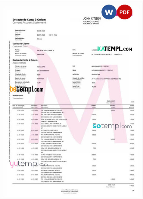 POLAND MILLENNIUM bank statement Word and PDF template