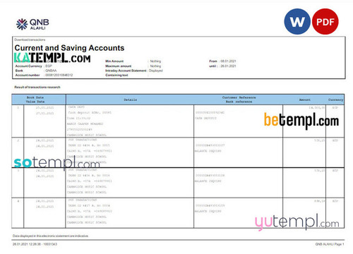 QATAR QNB ALAHLI bank statement Word and PDF template, version 2
