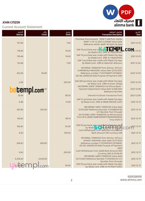 SAUDI ARABIA ALINMA bank statement Word and PDF template