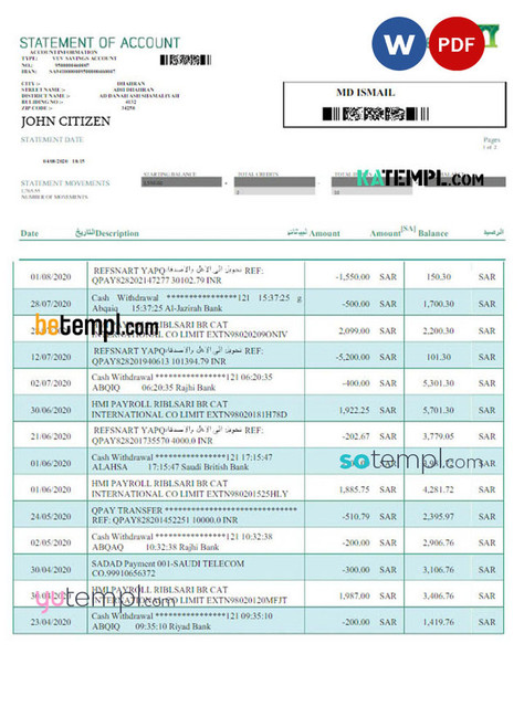 SAUDI ARABIA NCB bank statement Word and PDF template