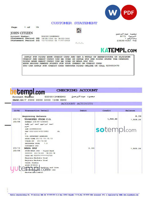 SAUDI ARABIA RIYAD BANK statement Word and PDF template