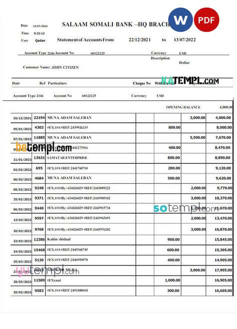 SOMALI SALAAM SOMALI bank statement Word and PDF template