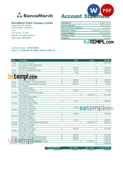 Spain BancaMarch bank statement Word and PDF template