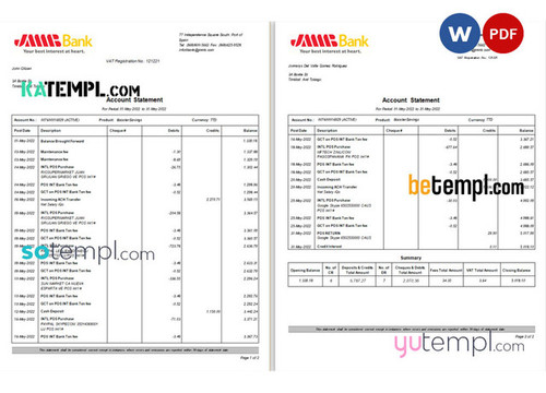 Spain JMMB bank statement Word and PDF template, 2 pages