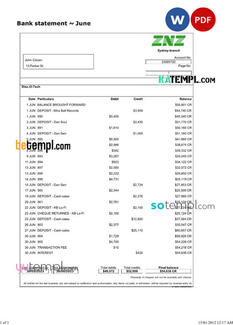 Sydney ZNZ bank statement Word and PDF template