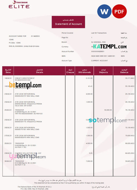 UAE RAKBANK ELITE bank statement Word and PDF template