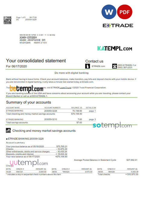USA ETRADE bank statement Word and PDF template