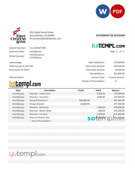 USA First Citizens Bank statement Word and PDF template