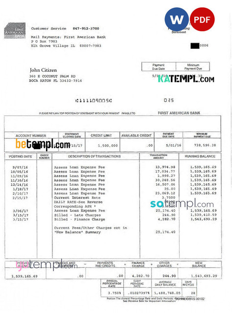 USA FIRST AMERICA Bank statement Word and PDF template