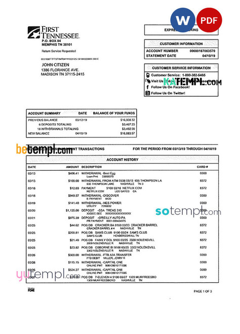 USA FIRST TENNESSEE bank statement Word and PDF template