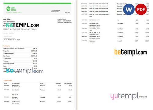 USA Green Dot bank statement Word and PDF template, 2 pages