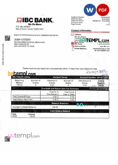 USA IBC bank statement Word and PDF template