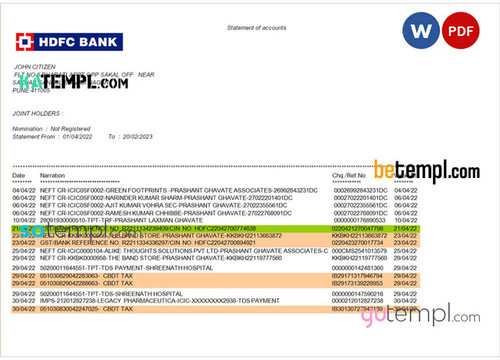 India HDFC bank statement template, 2 pages, version 2