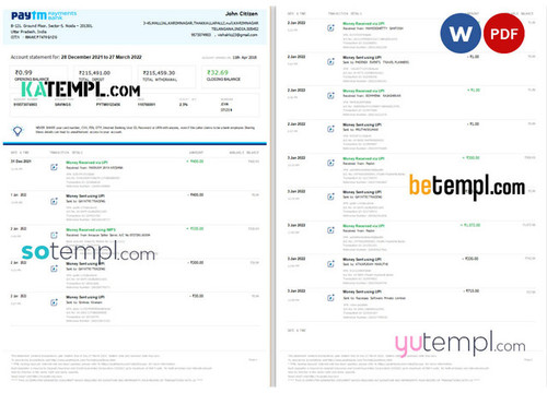 India PayTM Payments bank Word and PDF template, 2 pages
