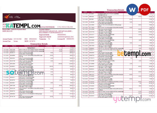 India Post Payments Bank statement Word and PDF template, 4 pages
