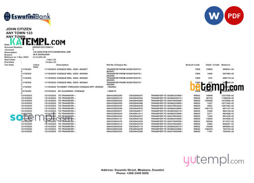 Eswatini Swazibank Limited bank statement Word and PDF template
