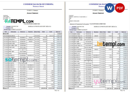 Ethophia Commercial Bank of Ethopia bank statement Word and PDF template, 4 pages