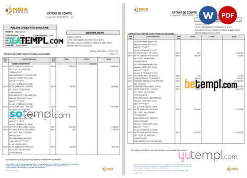 France NSIA Banque statement Word and PDF template, 3 pages