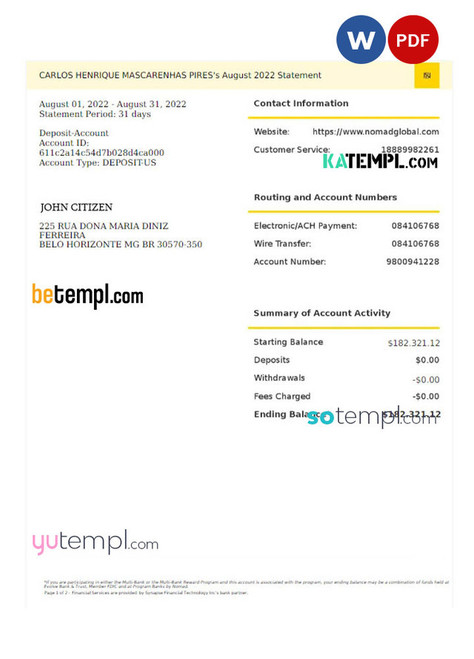 USA NOMAD GLOBAL bank statement Word and PDF template