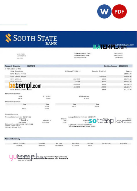 USA SOUTH STATE BANK statement Word and PDF template