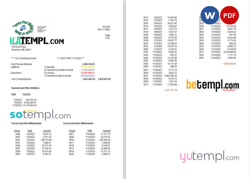 USA Twenty First National Bank of Maine bank statement Word and PDF template, 2 pages