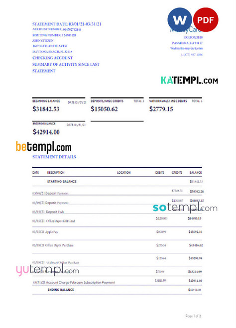 USA WALMART MONEY CARD statement Word and PDF template, version 2