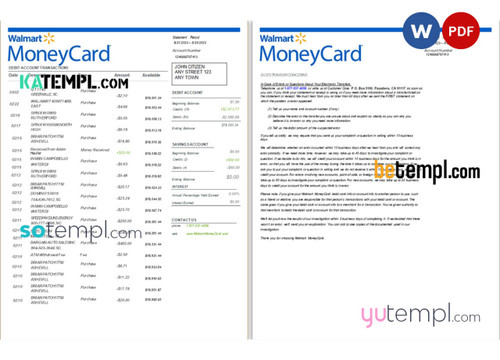 USA Walmart MoneyCard bank statement Word and PDF, 2 pages