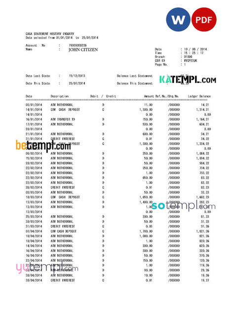 USA WASHINGTON bank statement Word and PDF template