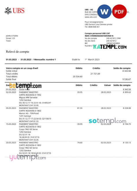 France UBS bank statement Word and PDF template (in French)