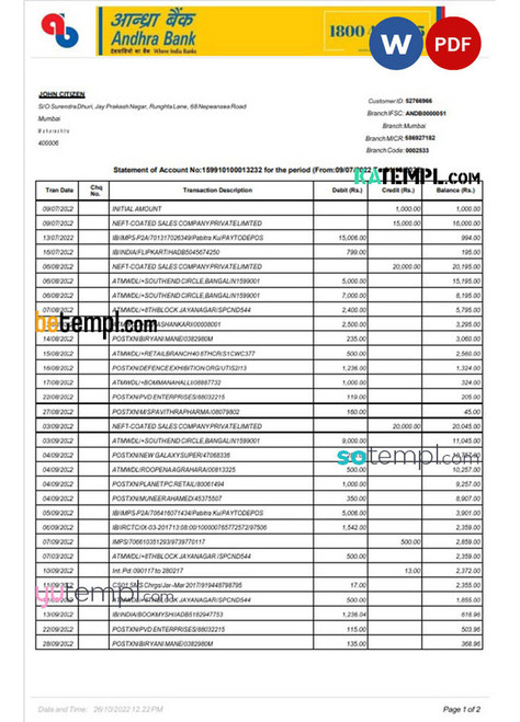 India Andhra bank statement Word and PDF template, 2 pages