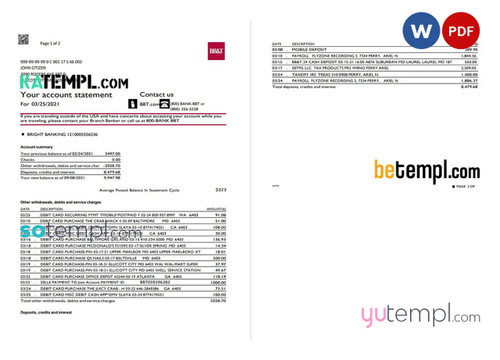 USA North Carolina BB&T Corp. statement template in Word and PDF format