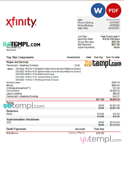 USA Xfinity broadasting company pay stub Word and PDF template