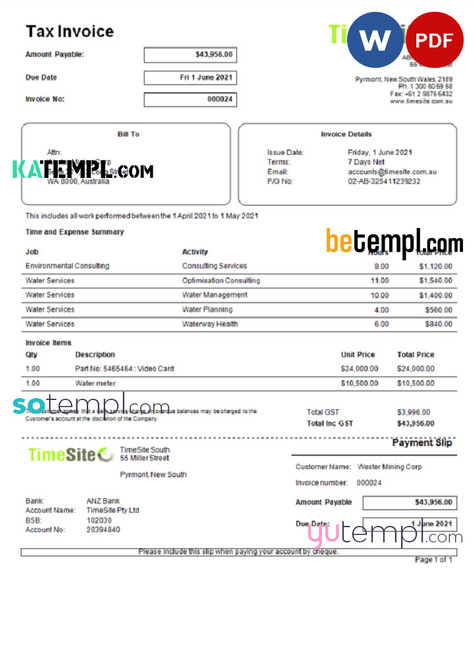 Australia TimeSite easy-to-use application invoice template in Word and PDF format, fully editable