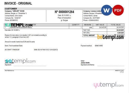 Bulgary UEB ART EOOD Company invoice template in Word and PDF format, fully editable
